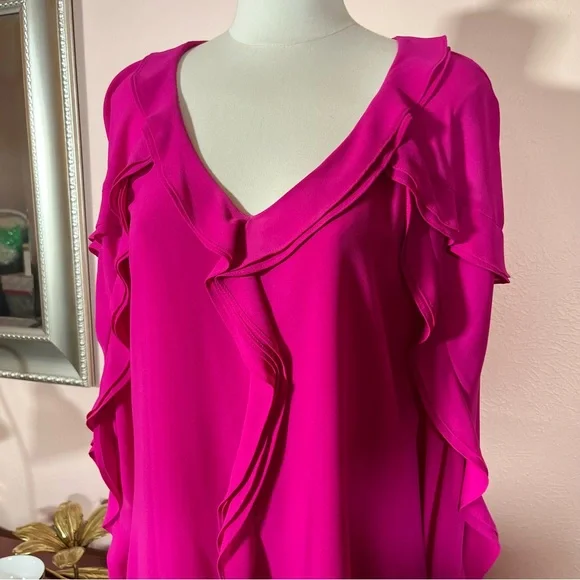 NEW Belle Badgley Mischka Magenta Long Sleeve Ruffle front Mini cocktail Dress - Picture 6 of 17